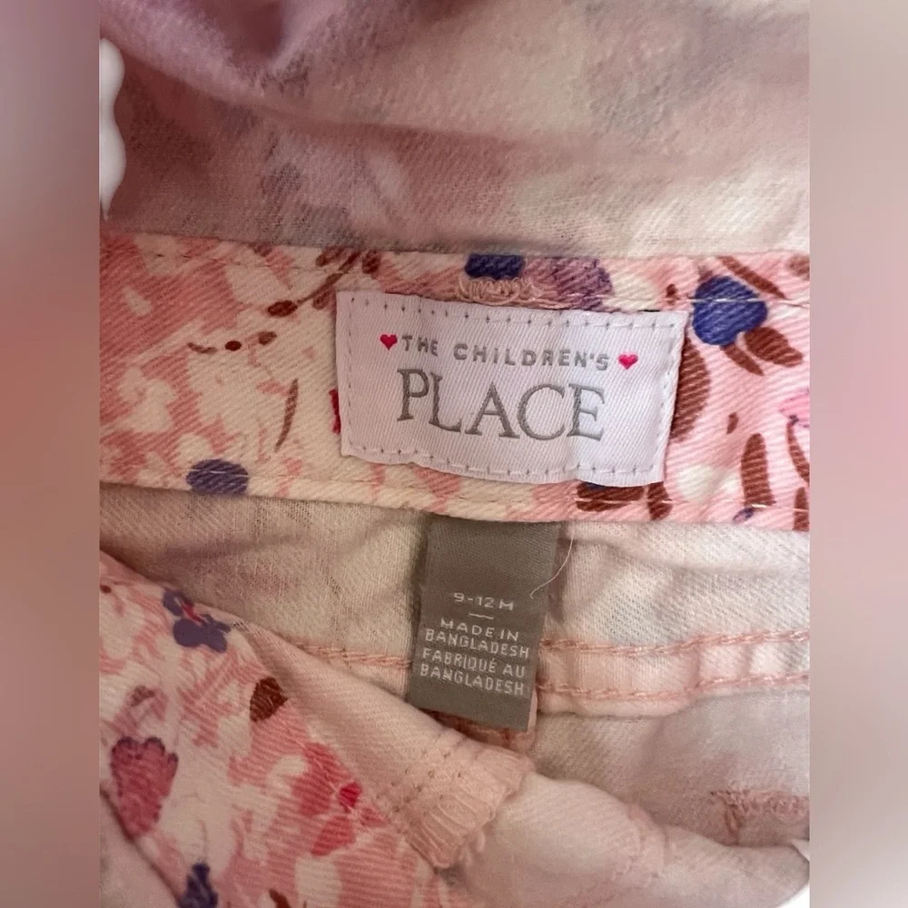 Children’s Place Baby Girl Pink Floral Denim Shortalls | 9-12M